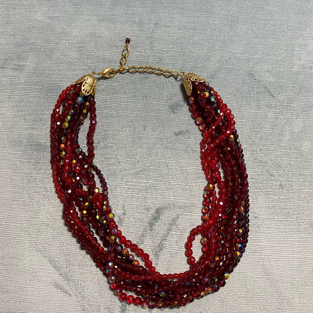 Vintage Elegant Red and Gold Multistrand Beaded Necklace,adjustable, irridescent